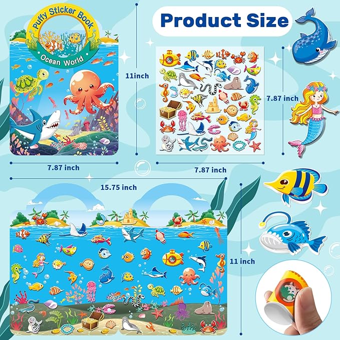 Elfew 6Pack Reusable Sticker Books for Toddlers 2-4, 3D Puffy Sticker Books for Kids Ages 1-3 3-5 with 6 Themes, Waterproof Mess-Free Sticker Activity Book, Travel Toys Birthday Gifts for Boys Girls