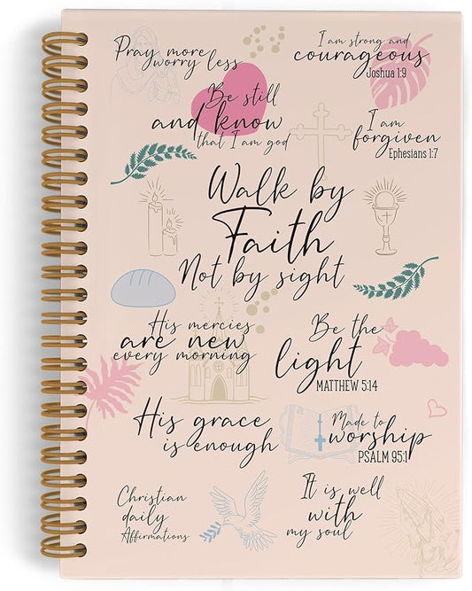 Christian Bible Spiral Notebook for Women, Walk by Faith Not by Sight Journal Notebook, Inspirational Christian Notebooks for School Work, Bible Scripture Office Supplies Gifts for Girls,5.5x8.3