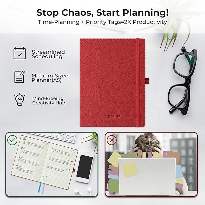 Weekly Monthly 2026-2027 Planner (July 26-Dec 27),8.5"x6.5",18 Months Agenda Plan with Month Tabs & Pocket,Expenses/Note Pages, Academic Calendar with Vegan Leather Cover,Red