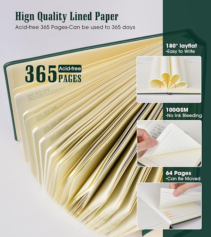 Lined Journal Notebook -365 Pages A5 Thick Journals for Writing Ruled Notebook, Hardcover Leather Journal for Women Men Daily Journal Notebook for Work, Note Taking, 100Gsm Lined Paper( 5.75'' X 8.38'' Green)