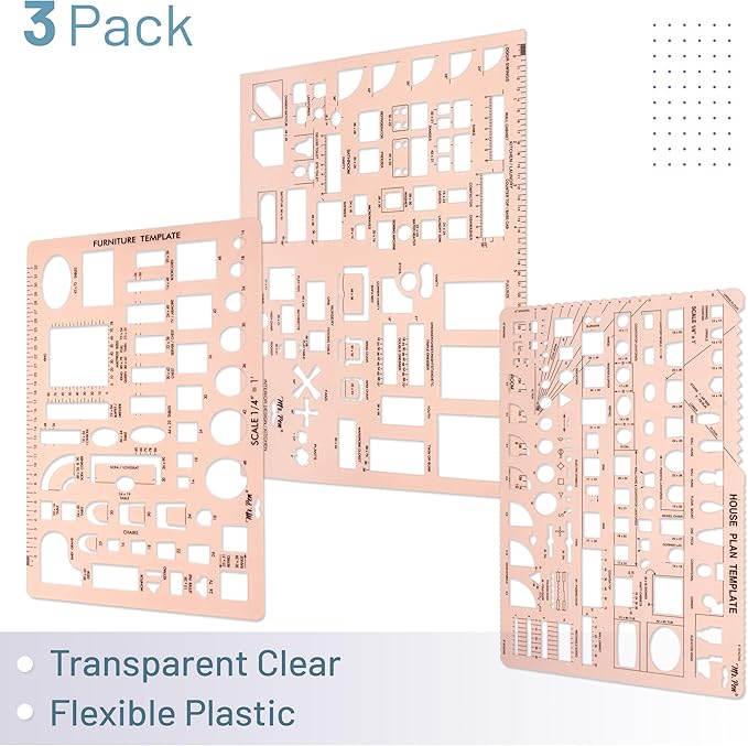 Mr. Pen- House Plan, 3 pcs, Interior Design and Furniture Templates, Clear Flexible Plastic, Drafting Tools, Ruler Shapes for Architecture, 1/4 Inch Scale, Kitchen, Bath, Bedroom, Office, Living Room