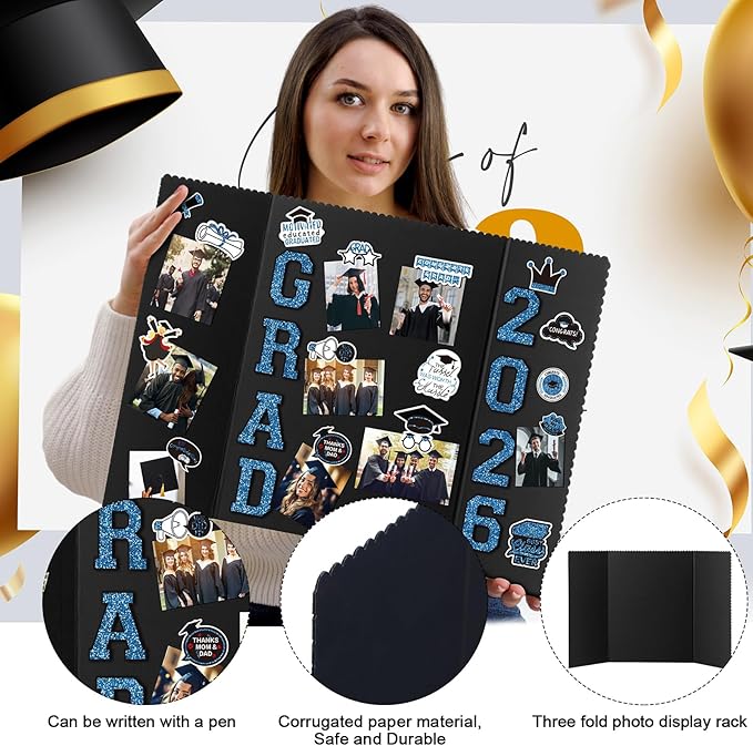MiniInflat 4 Set 2026 Graduation Picture Trifold Poster Board Double-sided Foldable Photo Display Board Graduation Decoration for Class of 2026 High School College DIY Craft(Blue,24 x 16 Inches)