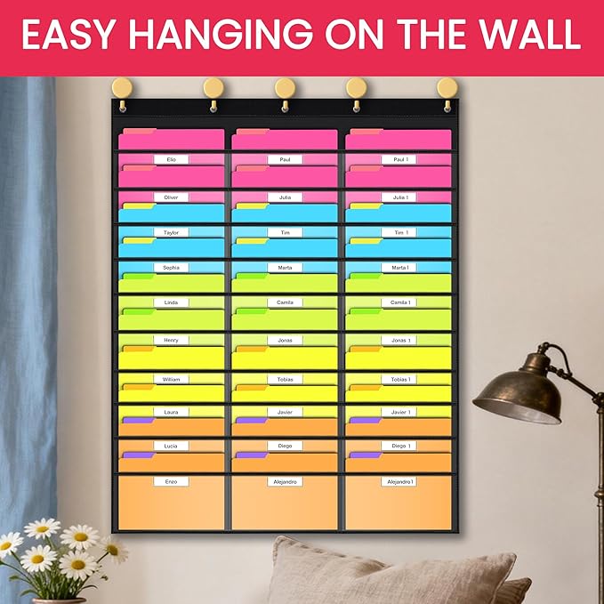 Clear Storage Pocket Chart for Classroom & Office with 30 Nametag Pockets, 5 Overdoor Hangers Included, Hanging Wall File Organizer for File Folders, Assignments, Files, Scrapbook Papers & More
