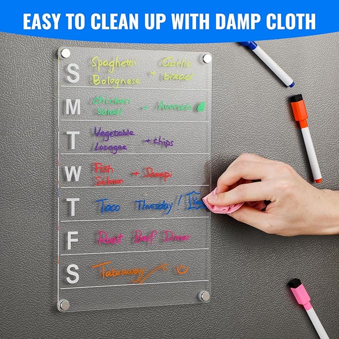 2 Pack 12''*8'' Acrylic Magnetic Planning Board Set, Clear Weekly Meal Planner with Whiteboard Memo, Menu Board for Kitchen with 8 Color Markers, Dry Erase Board for Shopping Grocery List/to Do List