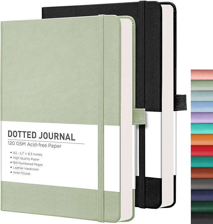 RETTACY Dotted Journal Notebook, 2-Pack, 160 Numbered Pages per Pack, A5 Medium Size (5.7'' x 8.3''), 120 GSM Thick Paper, Leather Hardcover, for Journaling, Planning, Tracking (Black & Light Green)