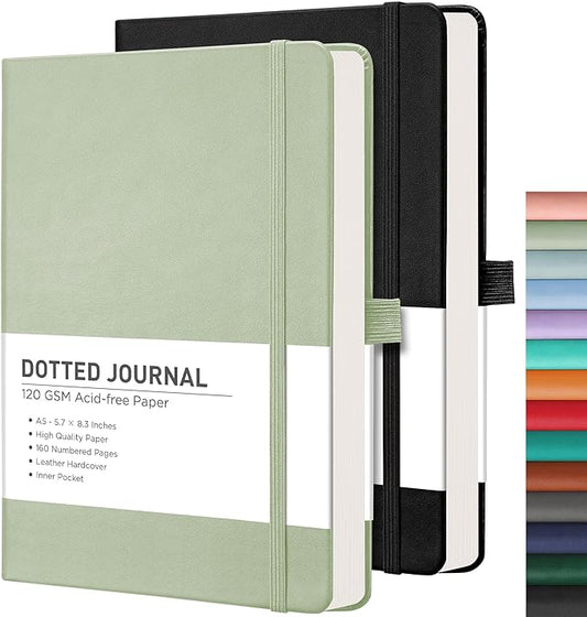 RETTACY Dotted Journal Notebook, 2-Pack, 160 Numbered Pages per Pack, A5 Medium Size (5.7'' x 8.3''), 120 GSM Thick Paper, Leather Hardcover, for Journaling, Planning, Tracking (Black & Light Green)