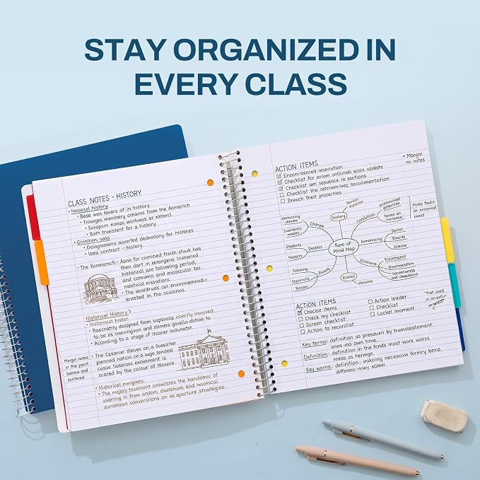 SUNEE 5 Subject Notebook College Ruled - 400 Pages, 9"x11", 5 Pocket Colored Dividers, 3-Hole Punched Paper, Dark Blue