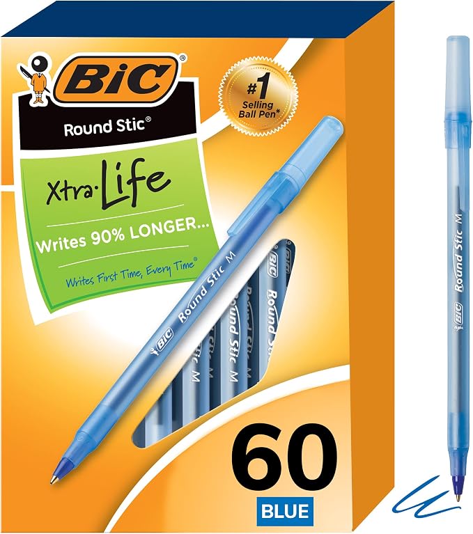 BIC Round Stic Xtra Life Ballpoint Pen, Medium Point (1.0mm), Blue, Flexible Round Barrel For Writing Comfort (Pack of 9, 540 Count Total)