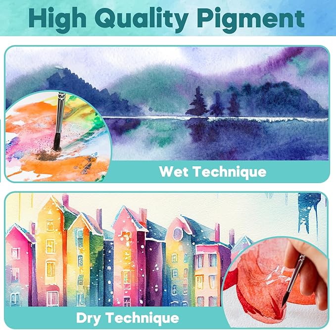 TAVOLOZZA 50 Colors Watercolor Paint Set, Including Metallic & Fluorescent Colors, Travel Watercolor Set with Brushes, Watercolor Paper, Sponge and Accessories, Ideal Art Supplies for Adults Starter Artists