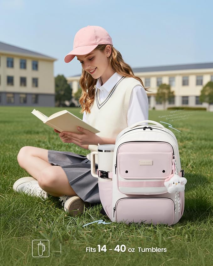 LOVEVOOK School Backpack for Teen Girl, Cute Bookbag with Large Bottle Holder, Lightweight Elementary Middle High School Student Backpack Fits 15.6 Inch Laptop, Back to Schools Kid Gift, Pink-Cream