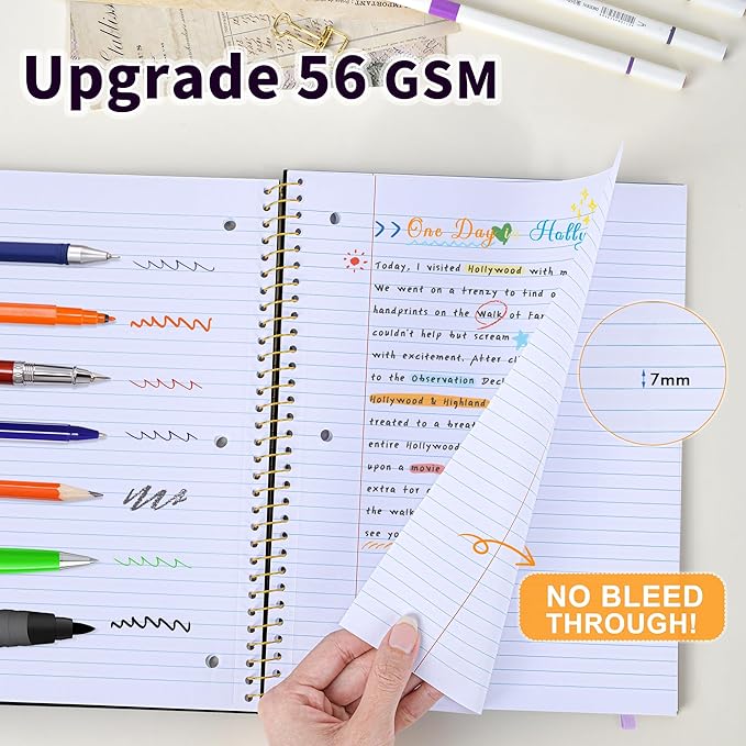 MUAHLIUB Spiral Notebook College Ruled Paper 8" x 10-1/2", 1 Subject Spiral Notebook, 3-Hole Punched Perforated Pages Ideal for School, Office, Writing, 95 Sheets Lined Journaling Notebook, Black