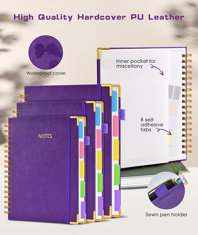Hardcover Spiral Notebook journal with Removable Dividers Tabs, 300 Pages Leather 5 Subject Notebook College Ruled, 100GMS Notebooks for Work School Note taking,Lined Journal for Women,A5 Dark purple