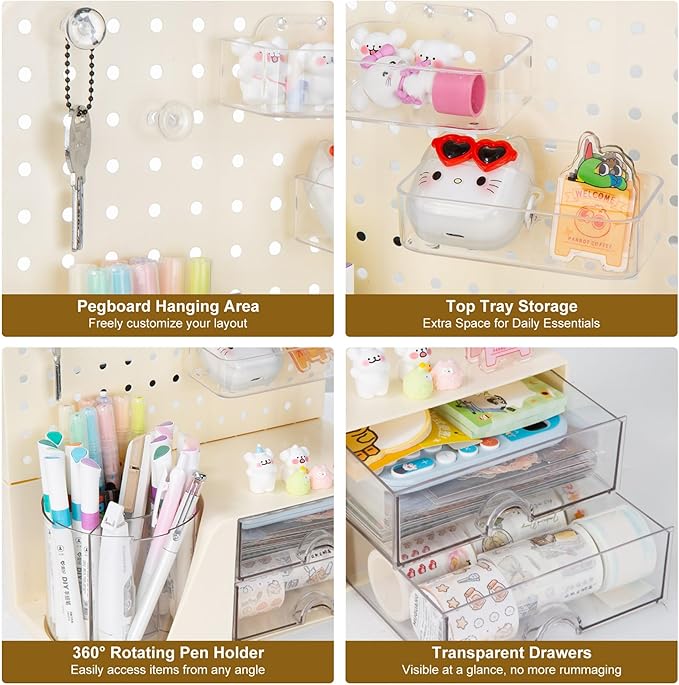 Comix Desk Organizer with Drawer, 360° Rotating Pen Holder for Desk, Pen Organizer with 5 Slots Pencil Holder+Pegboard+2 Drawer for Office Home Art Supplies (Beige)