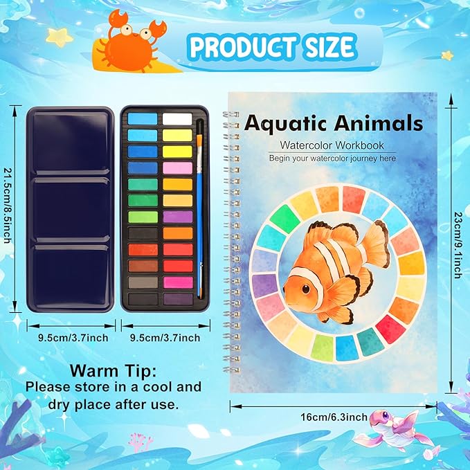 Watercolor Workbook, 24 Colors Solid Paint Set, Ocean Themed DIY Patterns, Anti-Bleed Paper, Beginner Friendly Art Kit For Adults