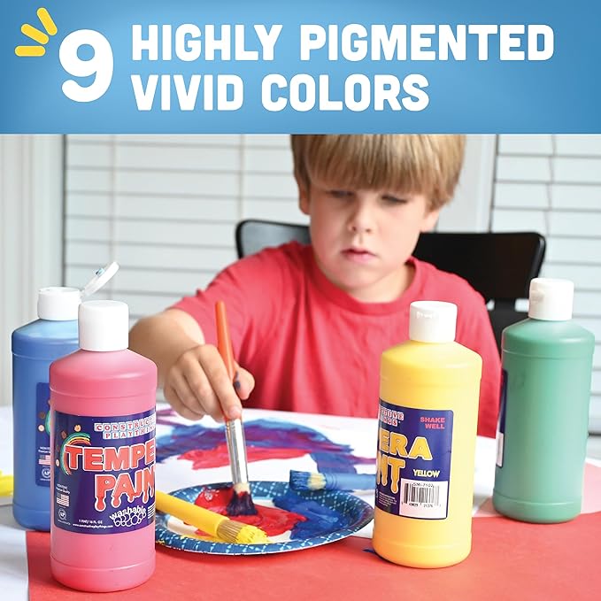 Constructive Playthings Kids 9-Color Tempera Paint Pint Set, Set of 9 Bright Washable Paint Pints for Classrooms and DIY Crafts, Multicolor