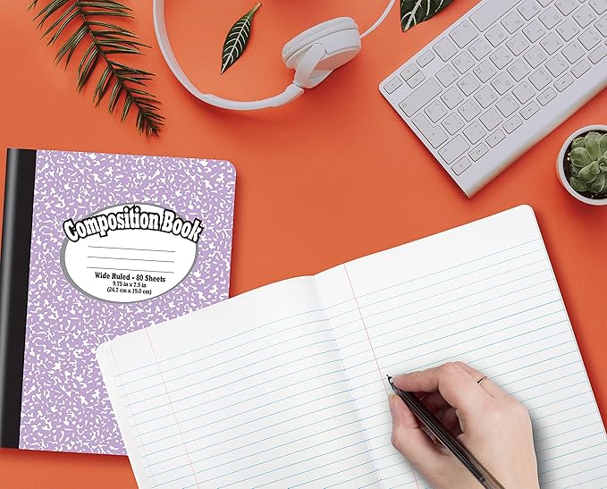 Better Office Products Composition Book Notebook, Hardcover, Assorted Pastel Covers, Wide Ruled (11/32-inch), 80 Sheet, One Subject, 9.75" x 7.5", 6 Pack