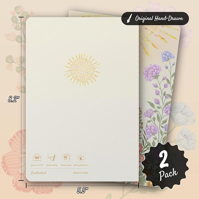 Sentudenl Stitched Composition Notebooks 2-Pack with Unique Art Designed Cover , A5 Lined Diary, Lay Flat Design, 80 Pages Workbooks, Thicked Paper Writes Smoothly for School and Office (Flowers & Sunshine)