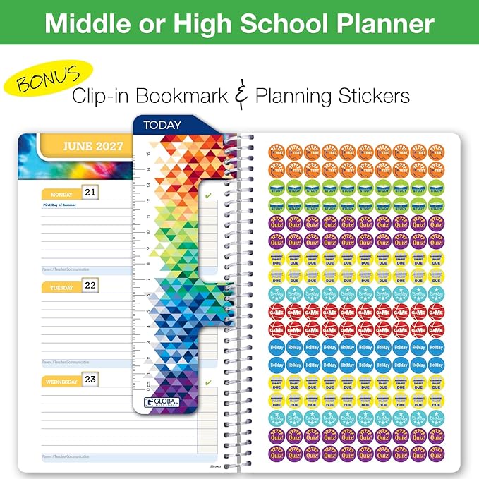 Global Datebooks 2026-2027 Middle & High School Student Planner 5.5" x 8.5" - Dated Weekly & Monthly Academic Planner with Ruler/Bookmark & Stickers, Ideal for Homework, Block Style, Doodles