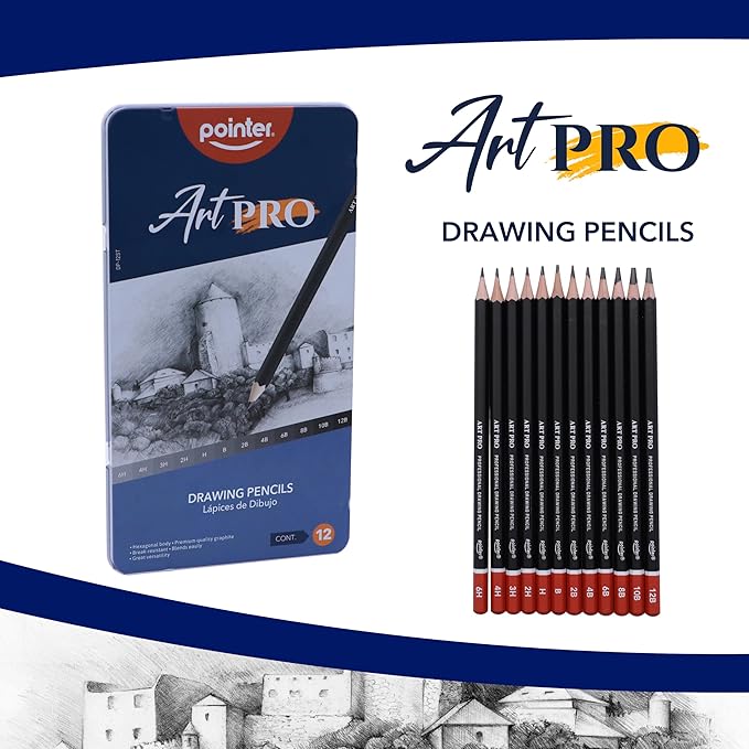 Pointer Art Pro Drawing Pencils Set, 12 Graphite Pencils 6H-12B, Professional Artist Sketching Kit