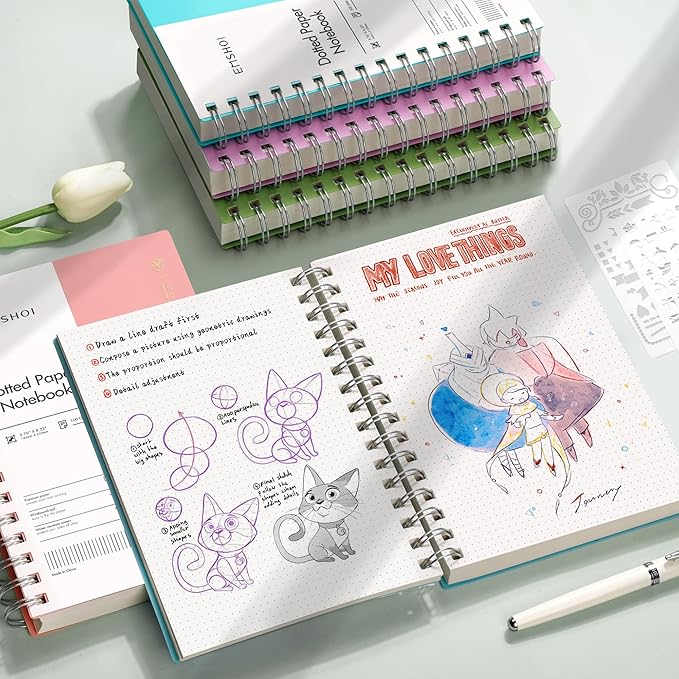 EMSHOI Dotted Journal Spiral Notebook, 300 Pages, A5 Small 5.7"x8.22", 100 GSM Thick Paper, Flexible Plastic Cover, 5mm Dot Grid Notebook for Journaling, Planning, Drawing, Writing, Purple