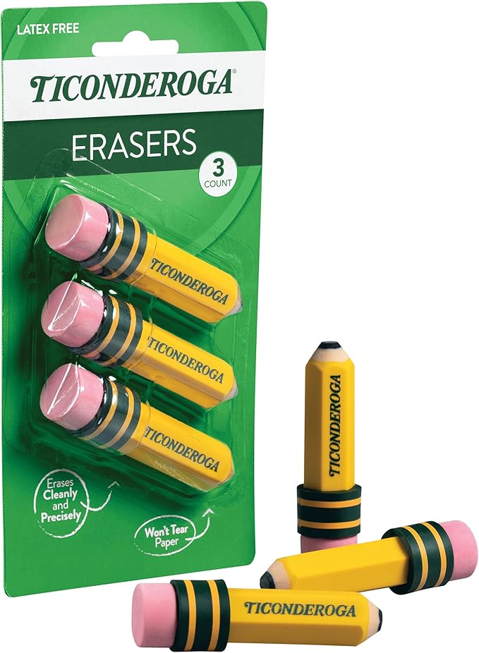 TICONDEROGA ® Erasers, Pencil Shaped, Yellow, 3 ct (38953)