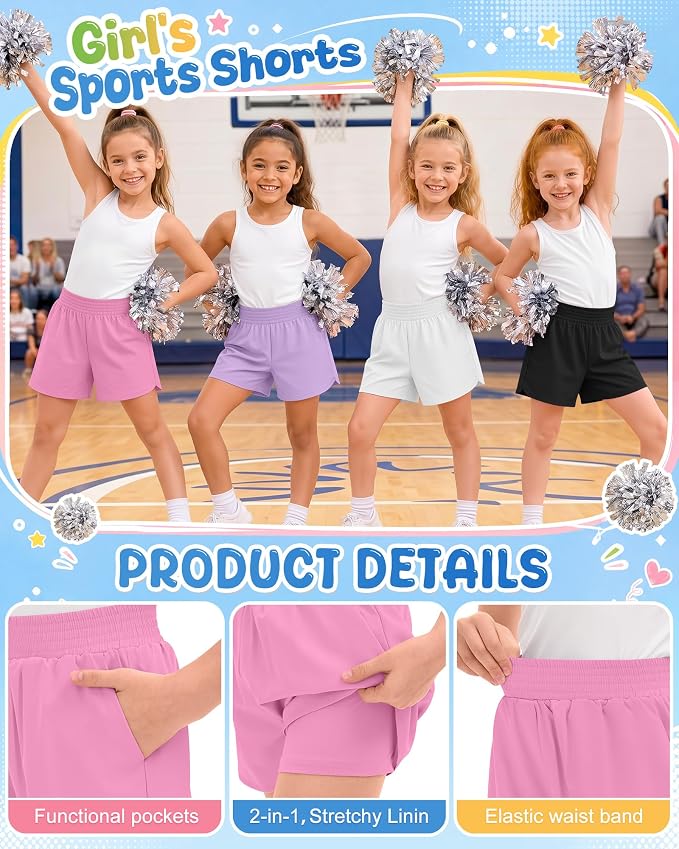 4 Pack Girls Athletic Shorts 2 in 1 Quick Dry High Waist Tween Shorts with Liner Kids Back to School Running Shorts