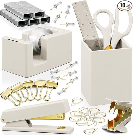 Aesthetic Desk Accessories Set - A Complete Desktop Organizer Set For Women Enhances Any Office Decor - An Office Supplies Kit w Gold Finish incl. Pen Holder, Scissors, Stapler, Tape Dispenser & More
