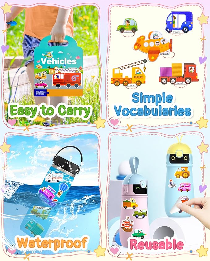Benresive Reusable Sticker Book for Toddlers, Stickers for Kids, Travel Toys for Arts & Crafts Activities, Birthday Gift for Boys & Girls, Vehicle Themes