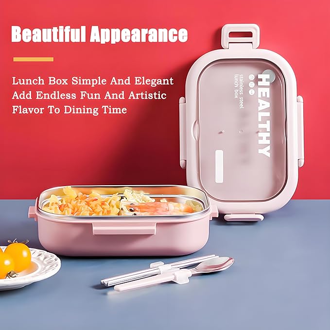 Stainless Steel Lunch Box, 2 Compartment Bento Box for Adults, Easy to Clean, Leak-Proof Design, Food Storage Container with Tableware for Family, Work, Picnics and Travel(800ml, Pink)