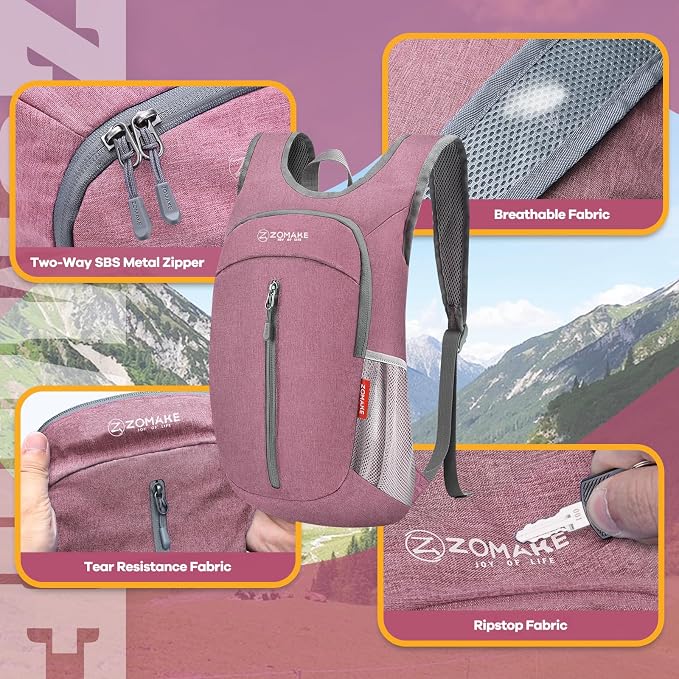 ZOMAKE Lightweight Packable Backpack, 10L Small Foldable Daypack for Hiking | Water Resistant Collapsible Backpacks for Women Men, Everyday Carry, Multi Compartment Storage, Adjustable Strap(Pink A1)