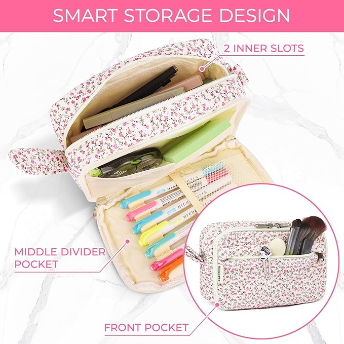 WOBAGMEN Quilted Pencil Pouch for Girls Women, Large Pencil Case Pouch with Compartments Cute Aesthetic Pencil Case Organizer, Floral Pencil Bag for School Supplies (pink floral)
