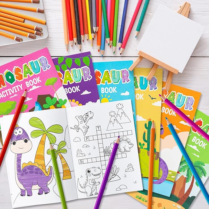 JAPBOR 24pcs Dinosaur Activity Coloring Books for Kids Party Favors, Mini Art Color Pages Drawing Booklet Supplies, Birthday Painting Games Theme Doodle Small Colouring Book Bulk Goodie Bag Filler