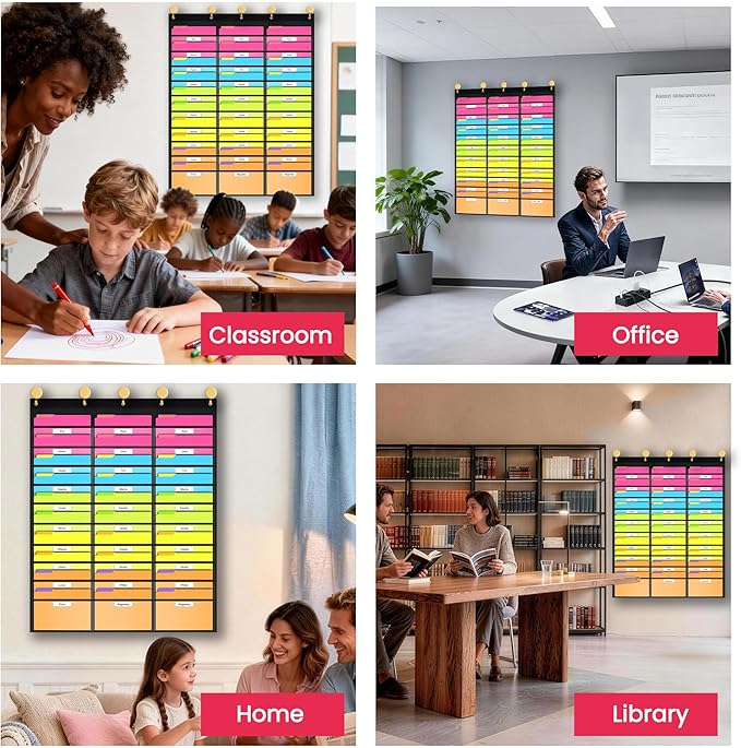 Clear Storage Pocket Chart for Classroom & Office with 30 Nametag Pockets, 5 Overdoor Hangers Included, Hanging Wall File Organizer for File Folders, Assignments, Files, Scrapbook Papers & More