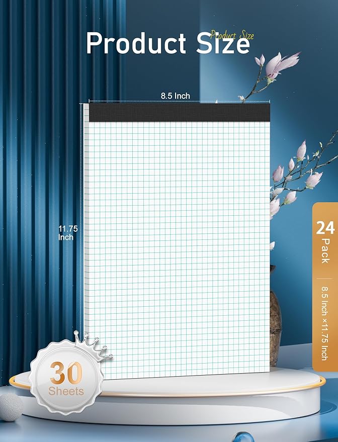 Zaviko Graph Paper Pad 8.5 x 11, 24 Pack, 4x4 Graph Ruled, Grid Paper Pad 8-1/2" x 11", Blueprint Quadrille Pad, Easy Tears Off, Grid Pad Notebook 8.5 x 11, White 70 GSM Graft Paper, 30 Sheets/Pad