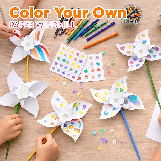 4E's Novelty 24 Pack DIY Pinwheels Craft for Kids, Bulk Summer Pinwheel Craft Kit, Color Your Own Paper Windmill for Pinwheels for Kids Bulk July 4 Craft for Kids Art Games