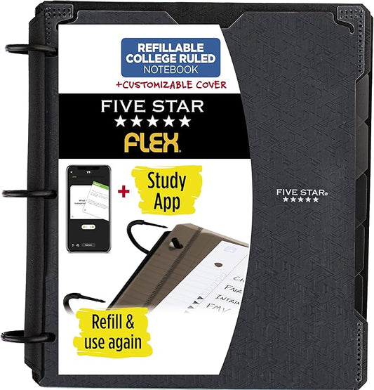 Five Star Flex Refillable Notebook + Study App, College Ruled Paper and 1 Inch TechLock Ring Binder with Customizable Cover, Pockets, Tabs and Dividers, 200 Sheet Capacity, Black (29326AA2)
