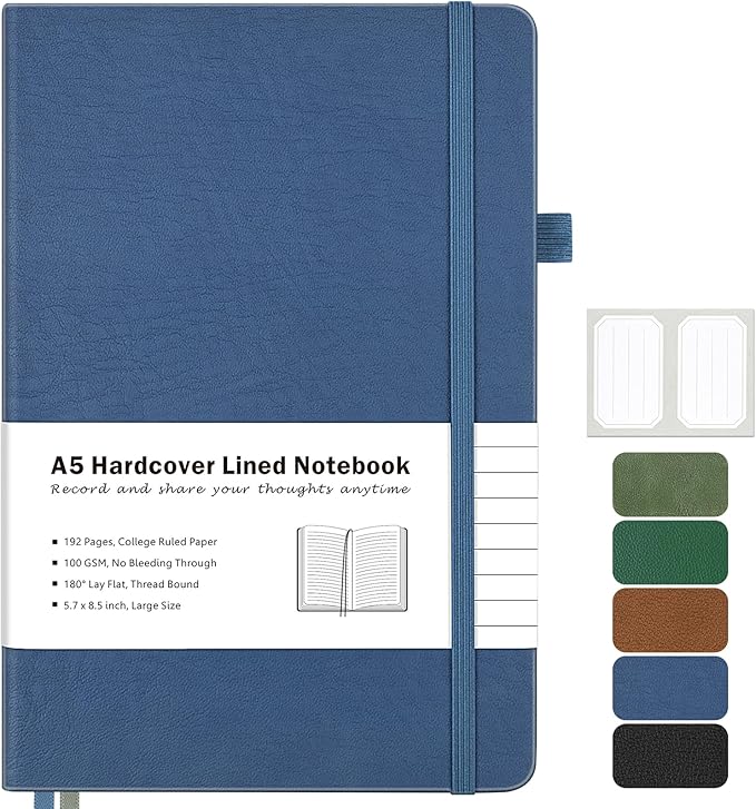 College Ruled Notebook, A5 Hardcover Leather Notebook for Work, Lined Notebook Journal for Women, Men, 100GSM Thick Paper, Large Notebook with Pockets, Professional Business Notebook, 5.7"x8.5", Blue