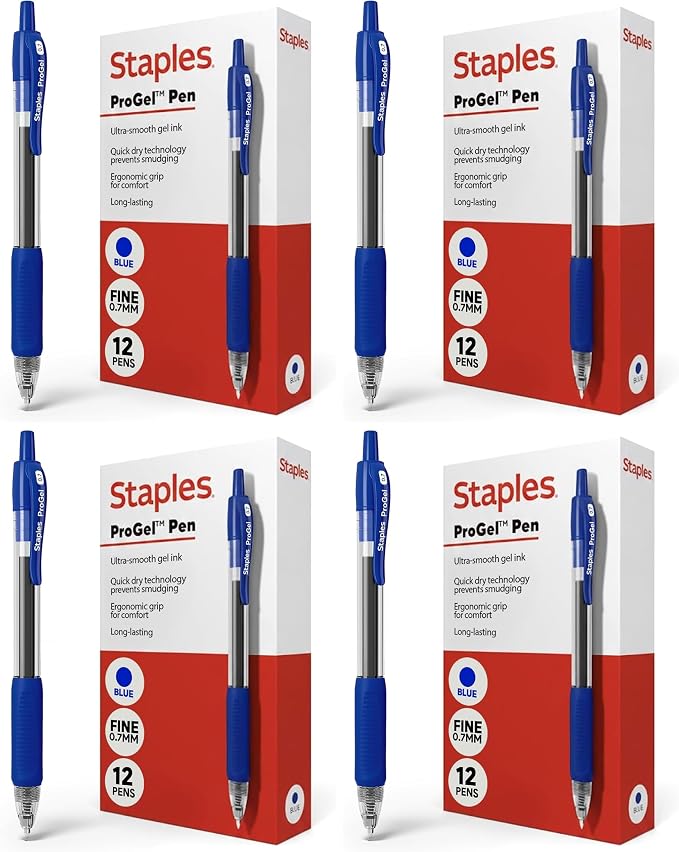 STAPLES Retractable Gel Pens, Fine Point 0.7mm, Blue Ink, 48 Pack – ProGel Smooth‑Writing Pens for Office, School & Home