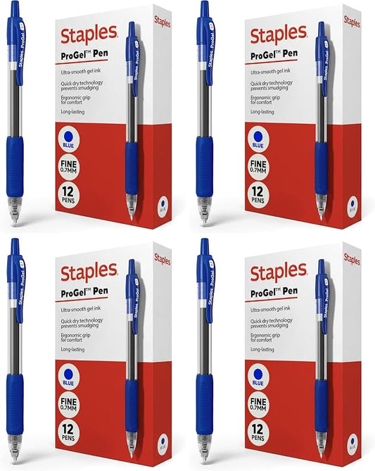 STAPLES Retractable Gel Pens, Fine Point 0.7mm, Blue Ink, 48 Pack – ProGel Smooth‑Writing Pens for Office, School & Home