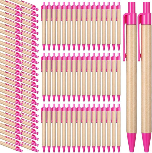 Sabary 100 Pcs First Day of School Pens Bulk Kraft Paper Ballpoints Retractable Black Click Pens 1 mm Recycled Paper Ballpoint for School Coworkers Writing Office Supplies(5.5 Inch,Pink)