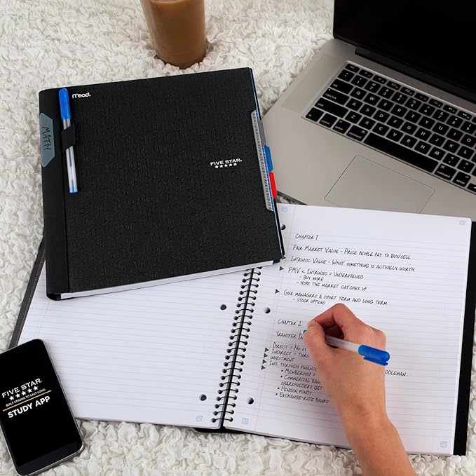 Five Star Advance Spiral Notebook + Study App, 3 Subject, College Ruled Paper, 8-1/2" x 11", 150 Sheets, Spiral Guard, Movable Tabbed Dividers, Black (73132)