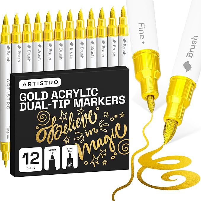 ARTISTRO 12 Gold Acrylic Paint Markers - Paint Pens for Drawing, Brush + Fine Tips - For Fabric, Rock, Glass, Wood, DIY - Art & Craft Supplies for Adults, Teens, Kids - Teacher Appreciation Gift