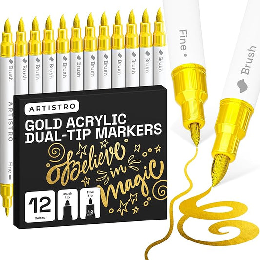 ARTISTRO 12 Gold Acrylic Paint Markers - Paint Pens for Drawing, Brush + Fine Tips - For Fabric, Rock, Glass, Wood, DIY - Art & Craft Supplies for Adults, Teens, Kids - Teacher Appreciation Gift