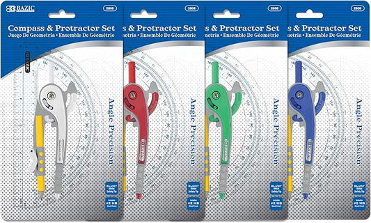 BAZIC Products Geometry Math Compass Set w/Scale-Arm, 6" Protractor, & HB Wood Pencil, Inch Centimeter, Mathematical Drafting Drawing Tool for Student, 24-Pack
