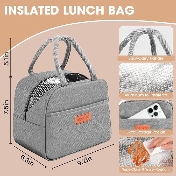 PEDECO Green Lunch Box Set with Bag & Utensil, Leak Proof for Women Men Kid | 2-tier stackable container with sauce pod,Insulated bag keeps food hot or cold,Microwave & dishwasher safe,for women men