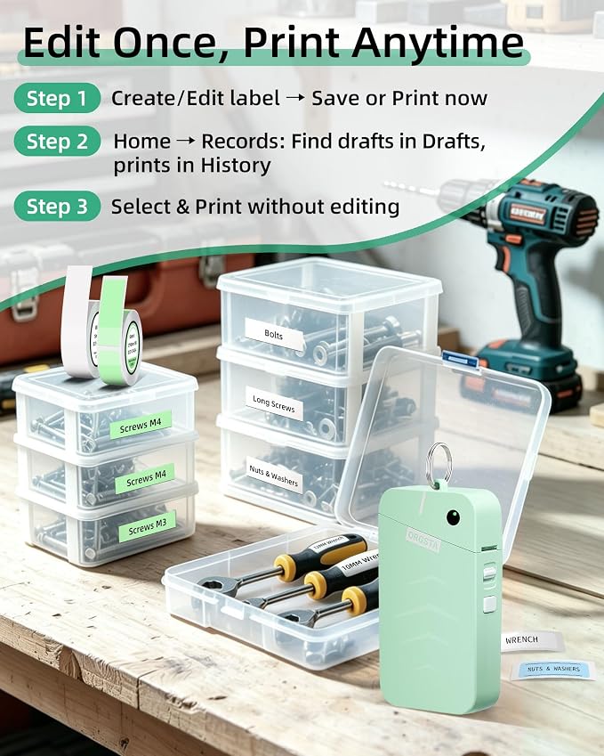 ORGSTA S001 Label Maker Machine with Tape, Portable Bluetooth Label Maker for Home and Office Organization, Thermal Label Printer Mini Sticker Maker with Multiple Templates, Green