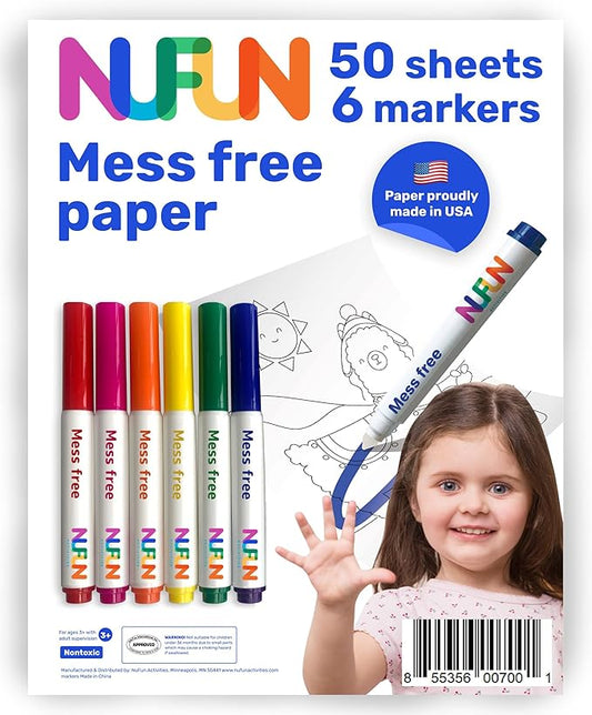 NuFun Activities Mess Free Set - Kids Create No Mess Wonders with Special Coloring Paper, Gift for Toddlers and Kids, 50 Blank Pages and 6 Markers