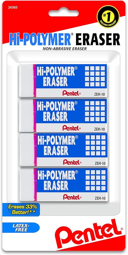 Pentel Hi-Polymer Block Eraser, Large, White, Pack of 4 (ZEH10BP4)
