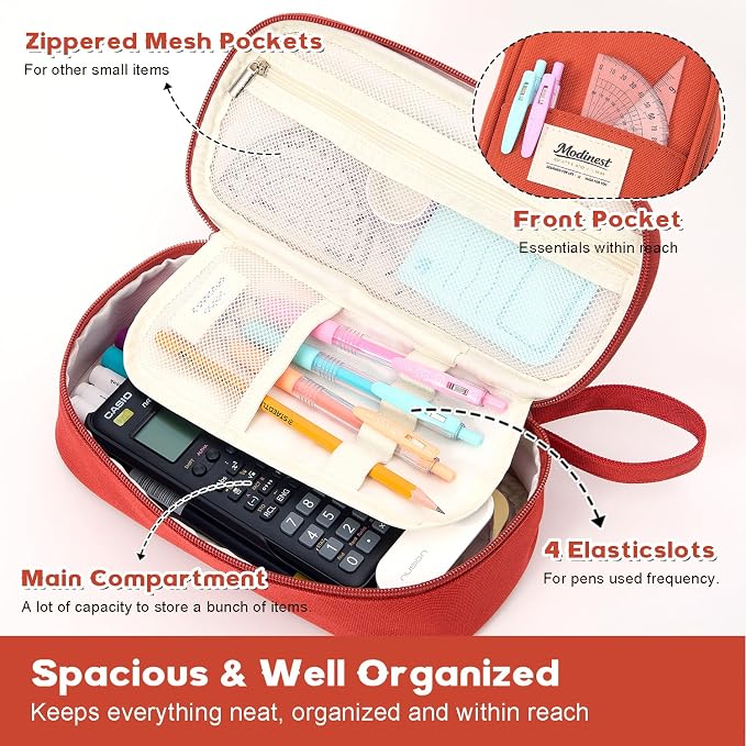 Pencil Case Pouch, Large Capacity Pen Bag Organizer, Cute Aesthetic Pencil Box for Girls Boys Kids, Back to School Supplies, Teacher Supplies Classroom Essentials, Red