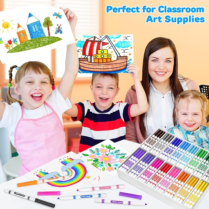 Officygnet 256 Count Washable Markers Bulk, 16 Assorted Colors, Conical Tip with Fine & Broad Line Coloring Marker for Kids, Markers Bulk for Classroom, School Art Supplies, Back to School Essentials